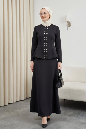 Önü Çift Çıtçıtlı Beli Volanlı Etekli Scuba Takım -Siyah