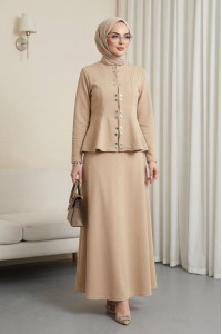 Önü Çift Çıtçıtlı Beli Volanlı Etekli Scuba Takım -Vizon