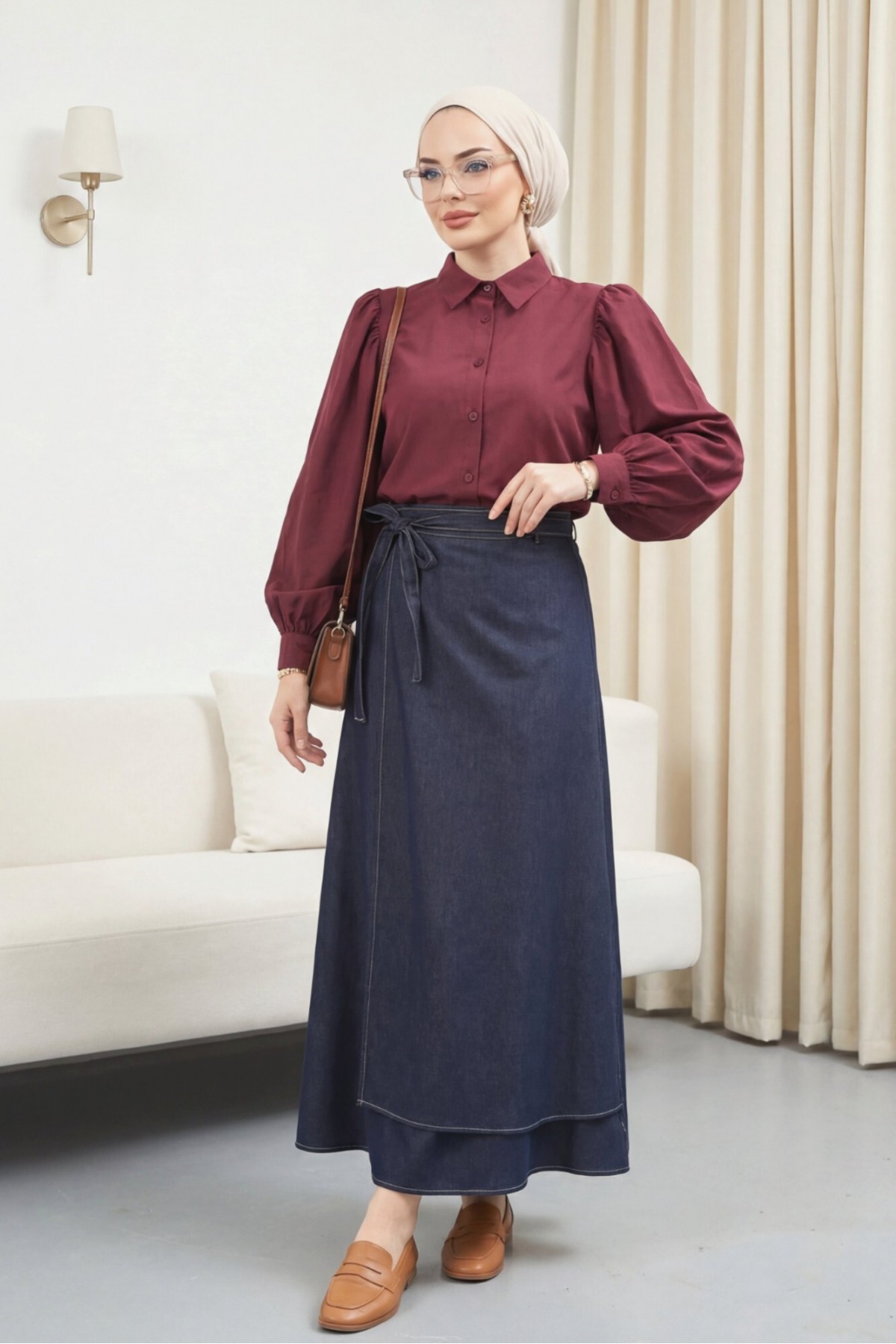 Front Double Layer Denim Skirt with Side Laces and Zipper -dark lacquer