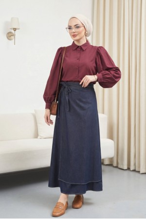 Önü Çift Kat Yan Bağcıklı Fermuarlı Kot Etek -K.Laci