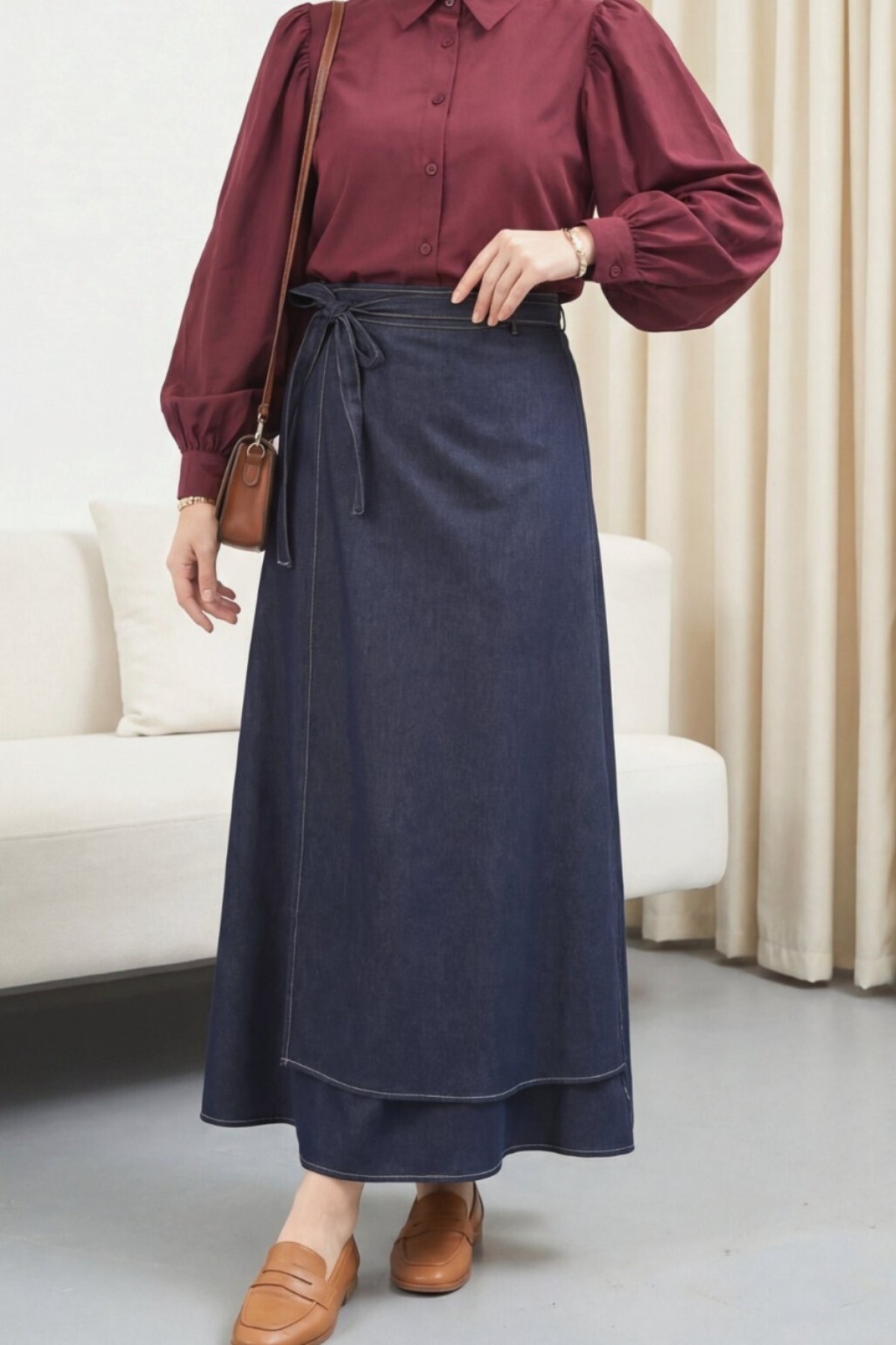 Front Double Layer Denim Skirt with Side Laces and Zipper -dark lacquer