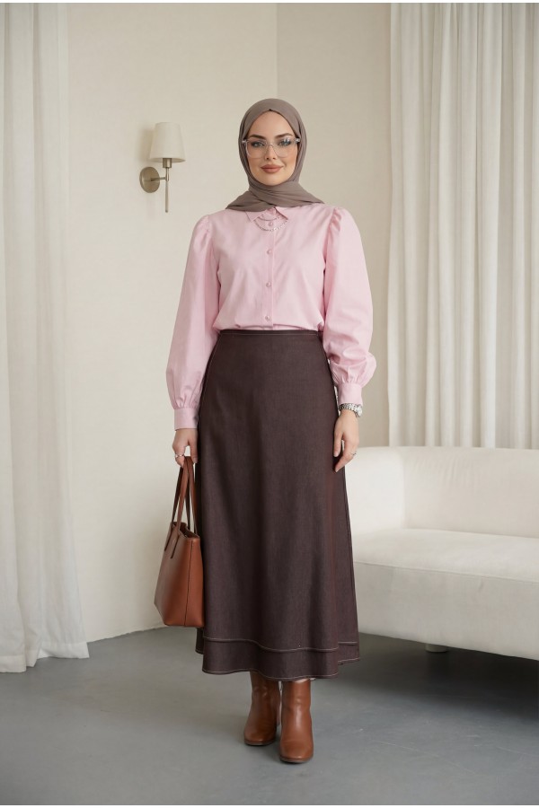 Front Double Layer Denim Skirt with Side Laces and Zipper -Brown