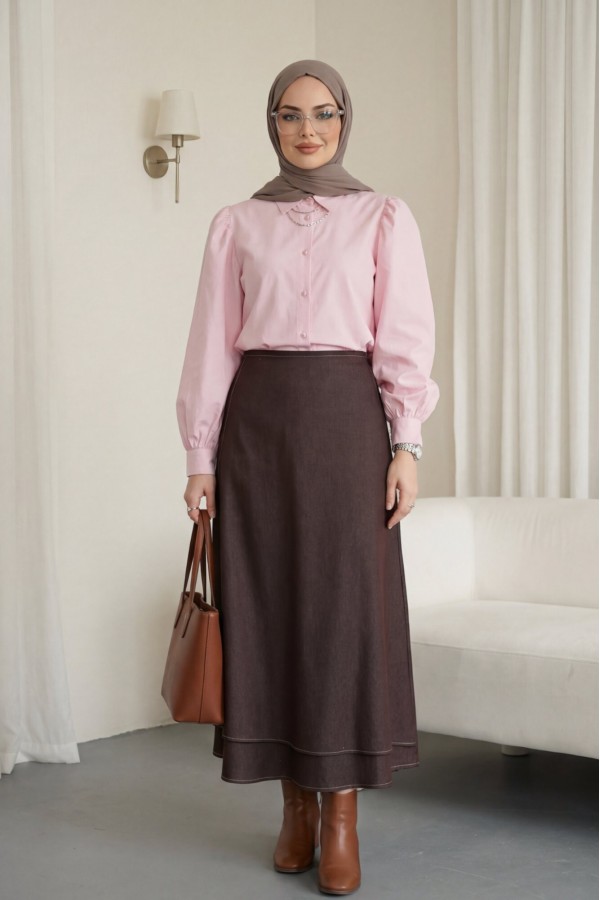 Front Double Layer Denim Skirt with Side Laces and Zipper -Brown