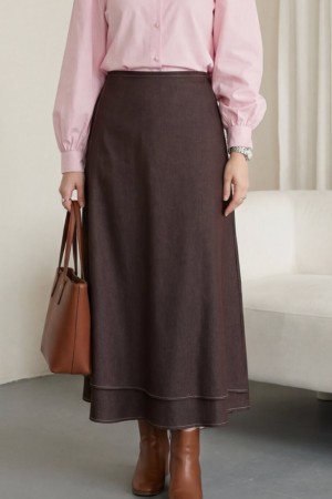 Önü Çift Kat Yan Bağcıklı Fermuarlı Kot Etek -Kahve