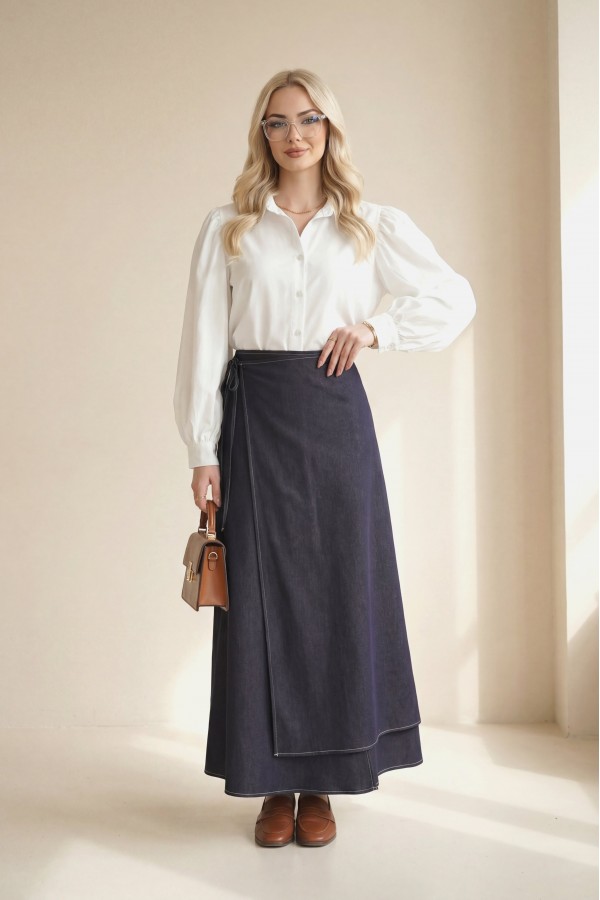 Front Double Layer Denim Skirt with Side Laces and Zipper -Dark purple