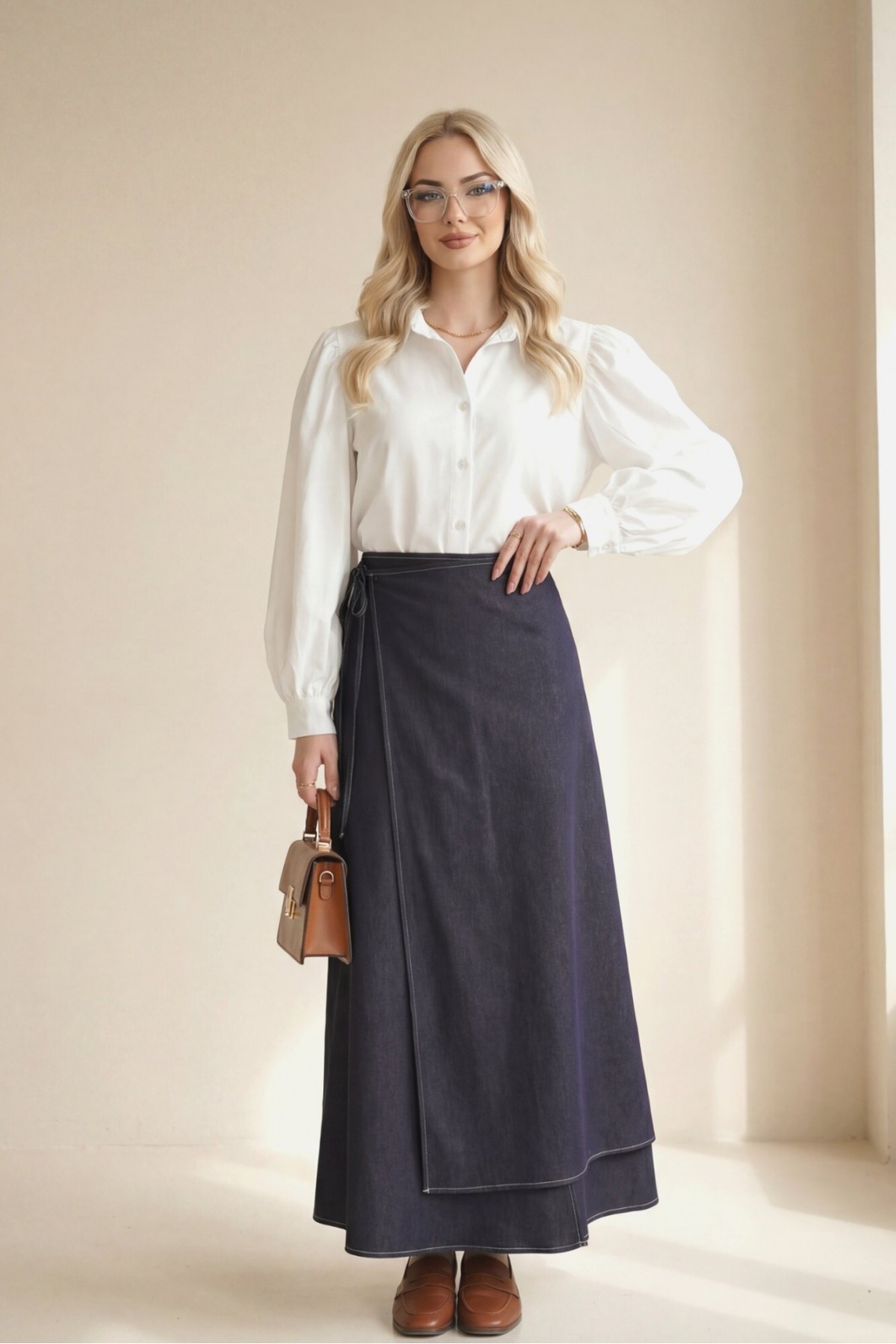 Front Double Layer Denim Skirt with Side Laces and Zipper -Dark purple