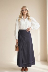 Önü Çift Kat Yan Bağcıklı Fermuarlı Kot Etek -Koyu Mor