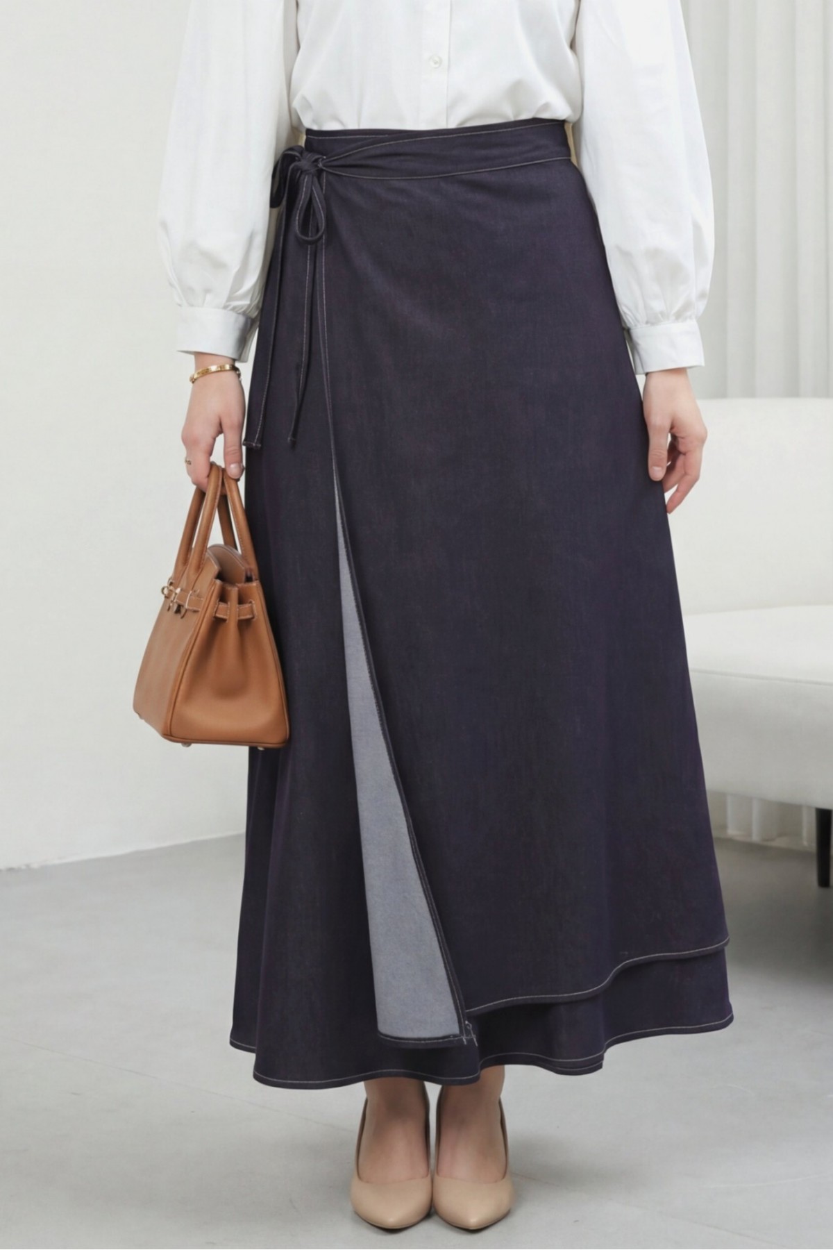Front Double Layer Denim Skirt with Side Laces and Zipper -Dark purple