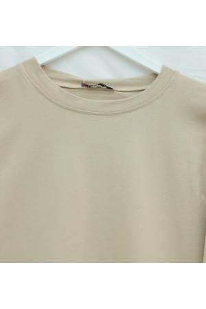 Yuvarlak Yaka Salaş Penye Tunik  -Açık Vizon