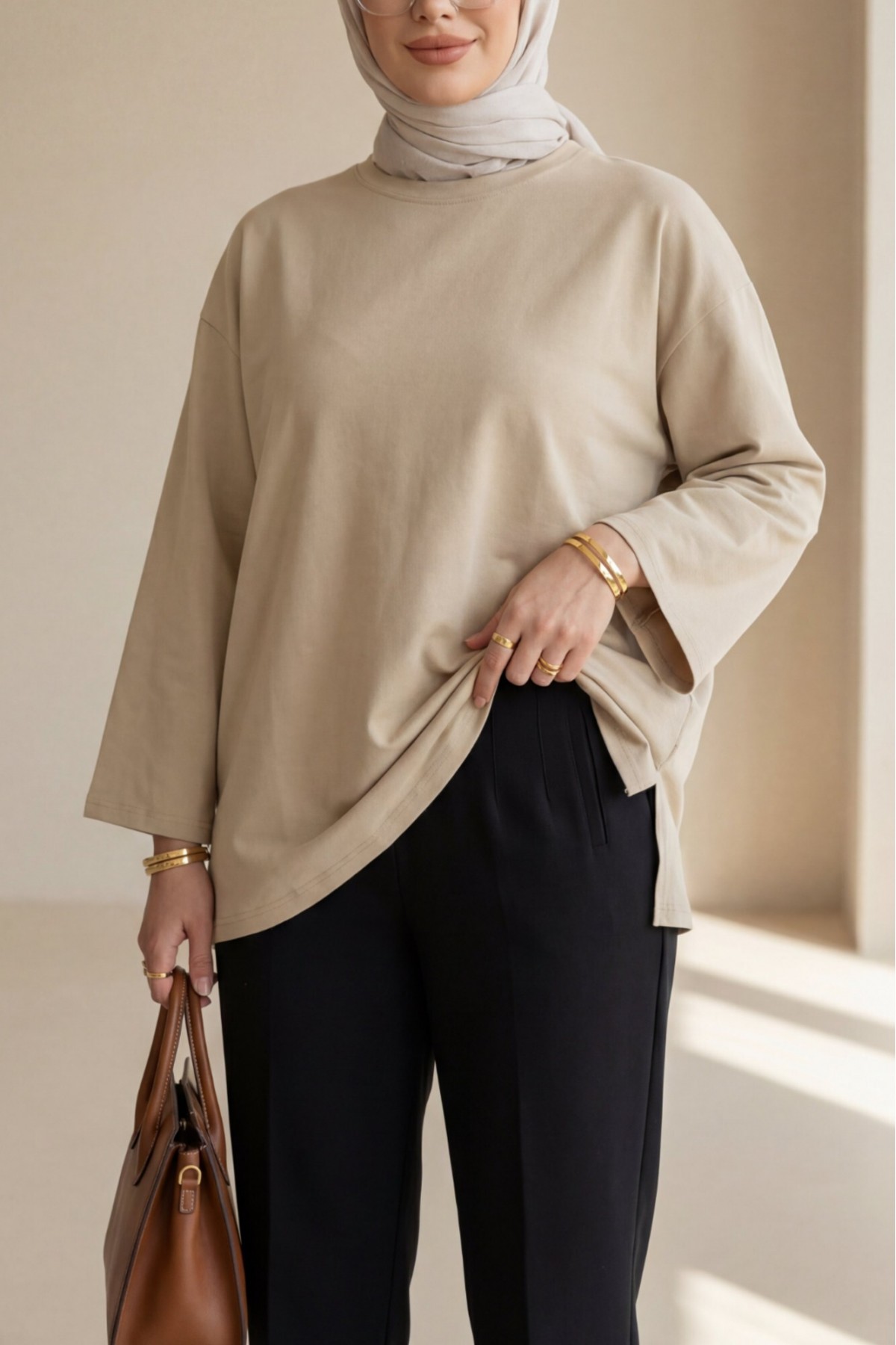 Round Neck Loose Fit Cotton Tunic -Light Mink