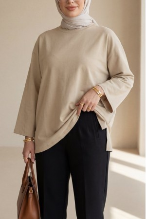 Yuvarlak Yaka Salaş Penye Tunik  -Açık Vizon