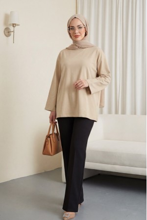 Yuvarlak Yaka Salaş Penye Tunik  -Açık Vizon