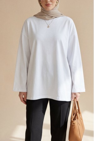Yuvarlak Yaka Salaş Penye Tunik  -Beyaz