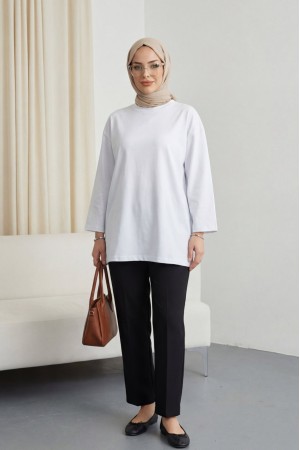 تونيك قطني فضفاض برقبة دائرية -أبيض