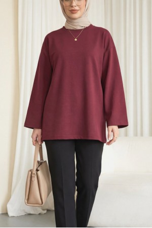 Yuvarlak Yaka Salaş Penye Tunik  -Bordo