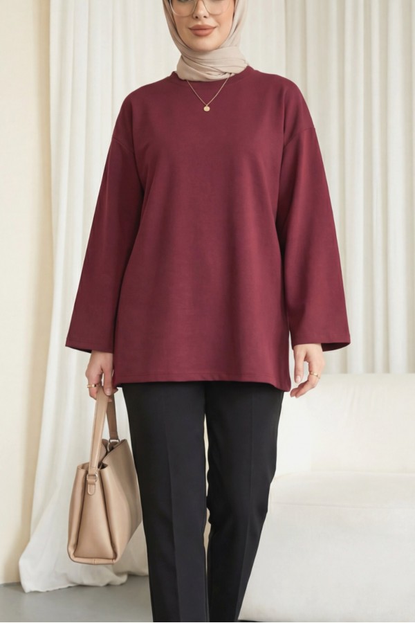 Yuvarlak Yaka Salaş Penye Tunik  -Bordo