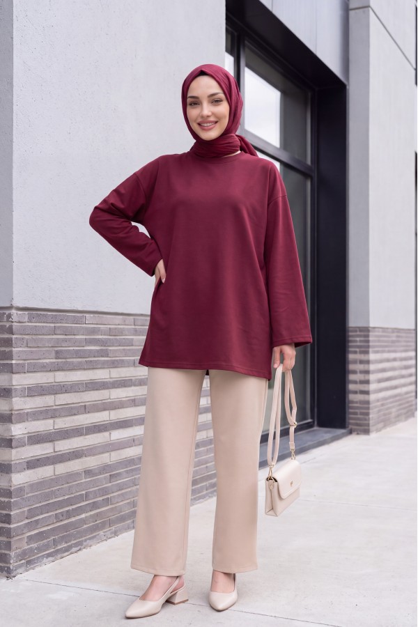 Yuvarlak Yaka Salaş Penye Tunik  -Bordo