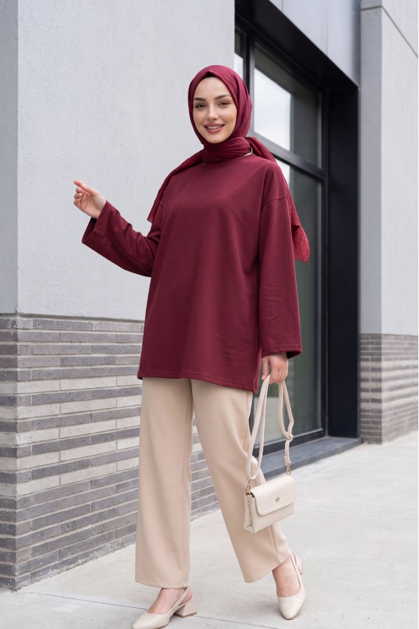 Yuvarlak Yaka Salaş Penye Tunik  -Bordo
