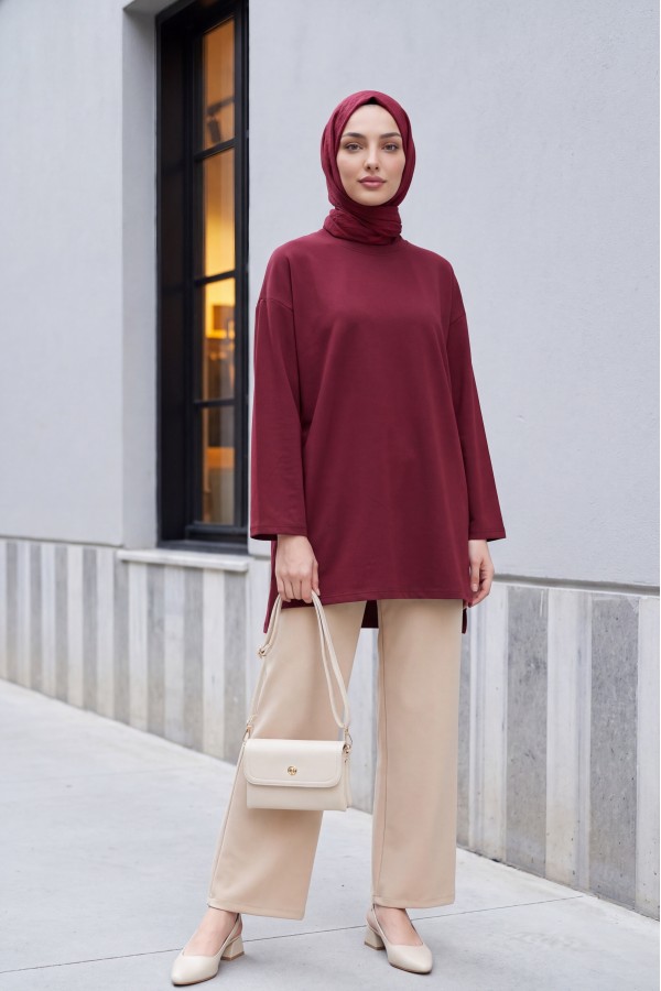 Yuvarlak Yaka Salaş Penye Tunik  -Bordo