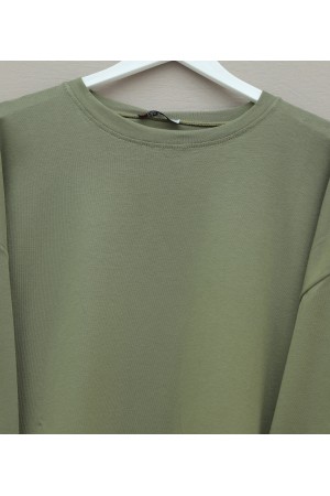 تونيك قطني فضفاض برقبة دائرية -خاكي