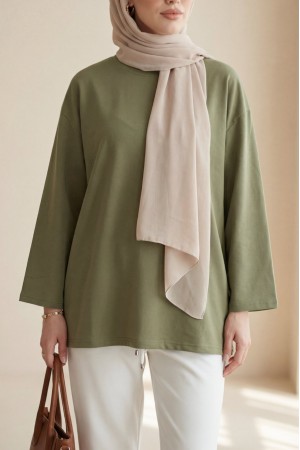 تونيك قطني فضفاض برقبة دائرية -خاكي