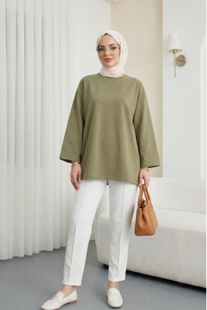 تونيك قطني فضفاض برقبة دائرية -خاكي