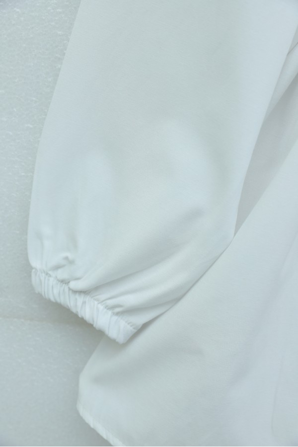 Poplin Shirt with Belted, Elasticated Cuffs, Button Front, and Fold Detail -White
