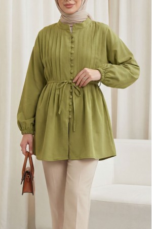 Kemerli Kolu Lastikli Önü Düğmeli Katlama Detaylı Poplin Gömlek -Haki