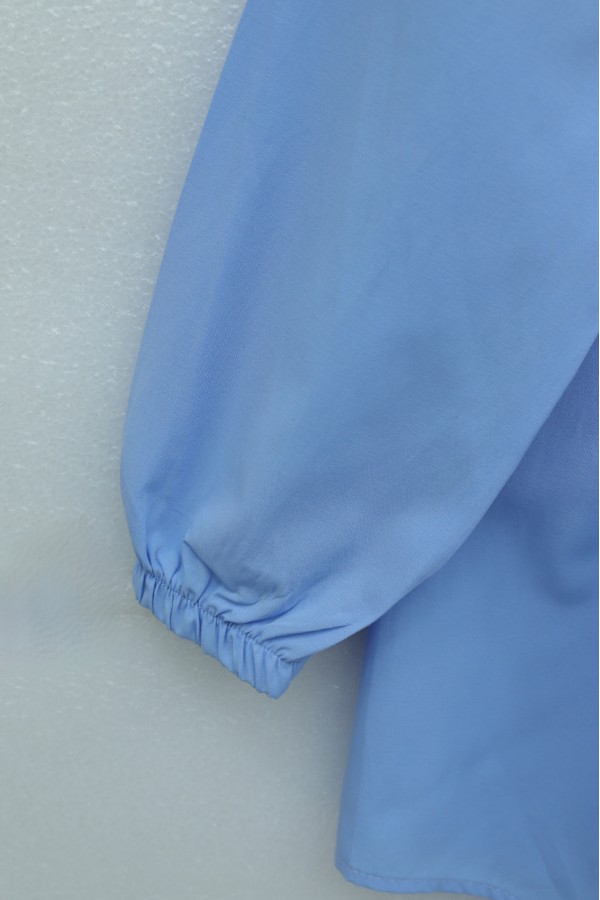 Poplin Shirt with Belted, Elasticated Cuffs, Button Front, and Fold Detail -Blue