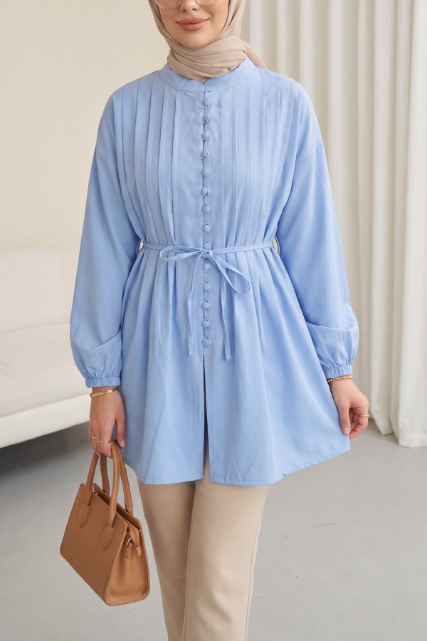 Poplin Shirt with Belted, Elasticated Cuffs, Button Front, and Fold Detail -Blue