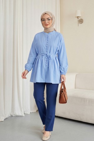 Poplin Shirt with Belted, Elasticated Cuffs, Button Front, and Fold Detail -Blue