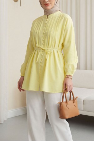 Kemerli Kolu Lastikli Önü Düğmeli Katlama Detaylı Poplin Gömlek -Sarı
