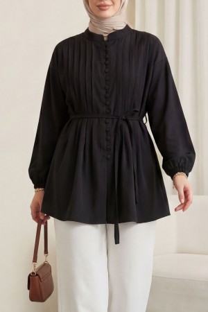 Kemerli Kolu Lastikli Önü Düğmeli Katlama Detaylı Poplin Gömlek -Siyah