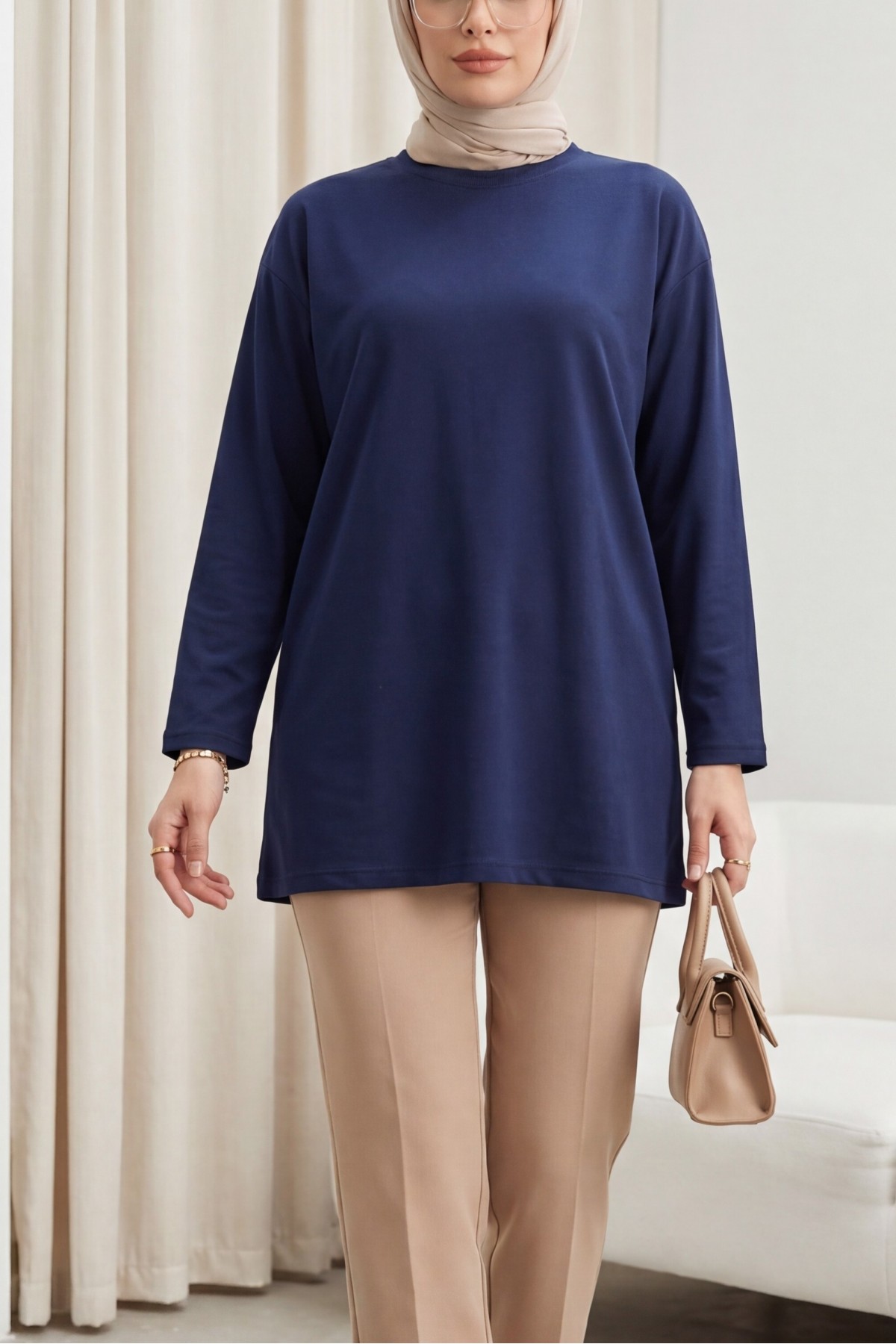 Round Neck Loose Fit Cotton Tunic  -dark lacquer