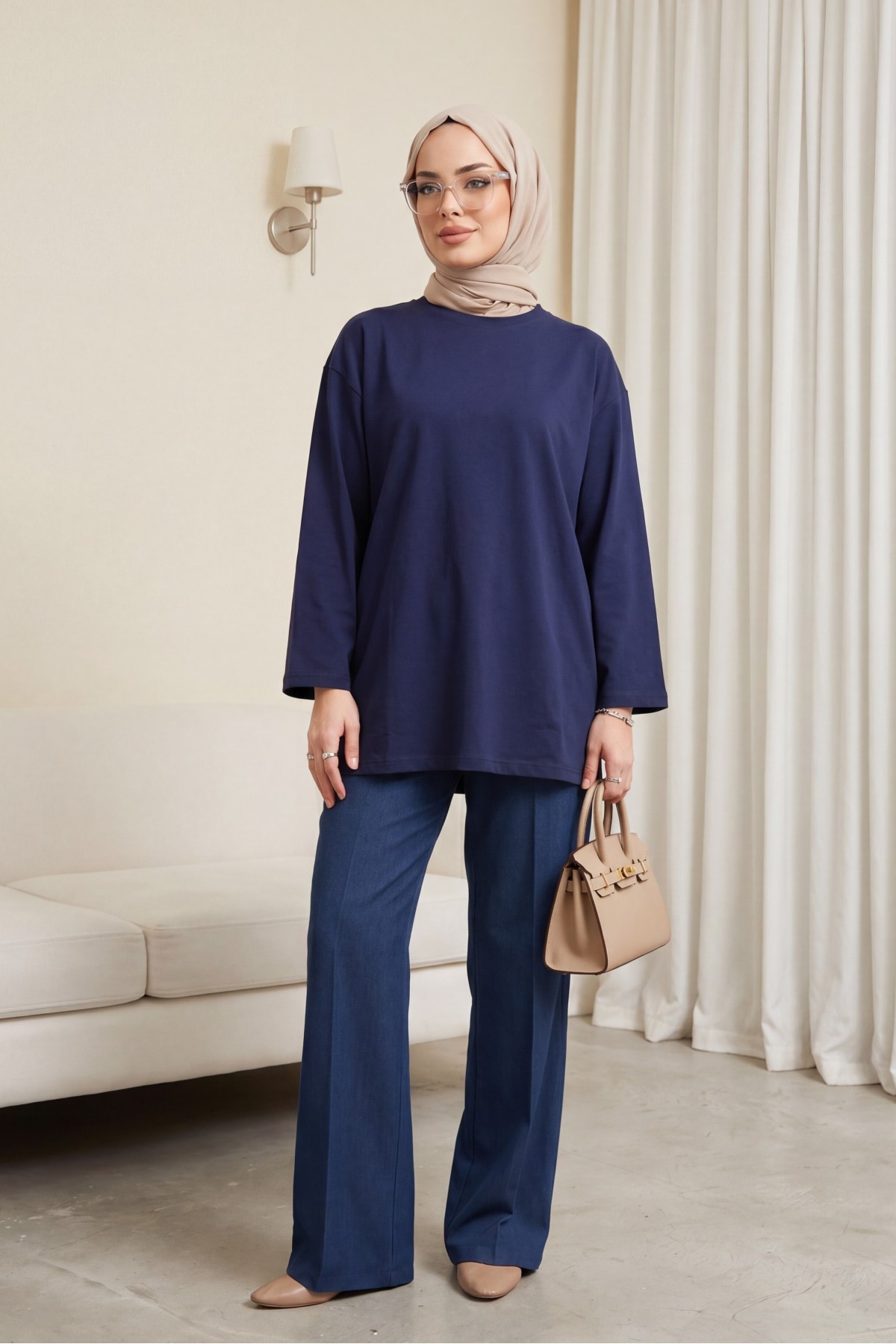 Round Neck Loose Fit Cotton Tunic  -dark lacquer