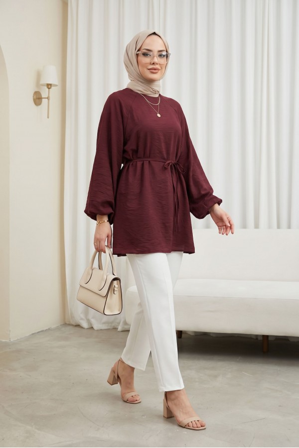 Balloon Sleeve Lined Zippered Lace-up Cupra Tunic -Dark Bordo
