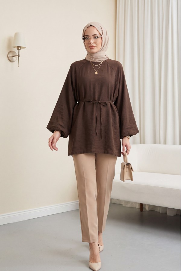 Balloon Sleeve Lined Zippered Lace-up Cupra Tunic -Dark Coffee