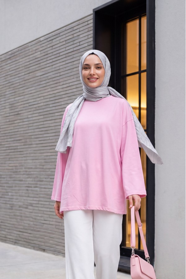Yuvarlak Yaka Salaş Penye Tunik     -Pembe