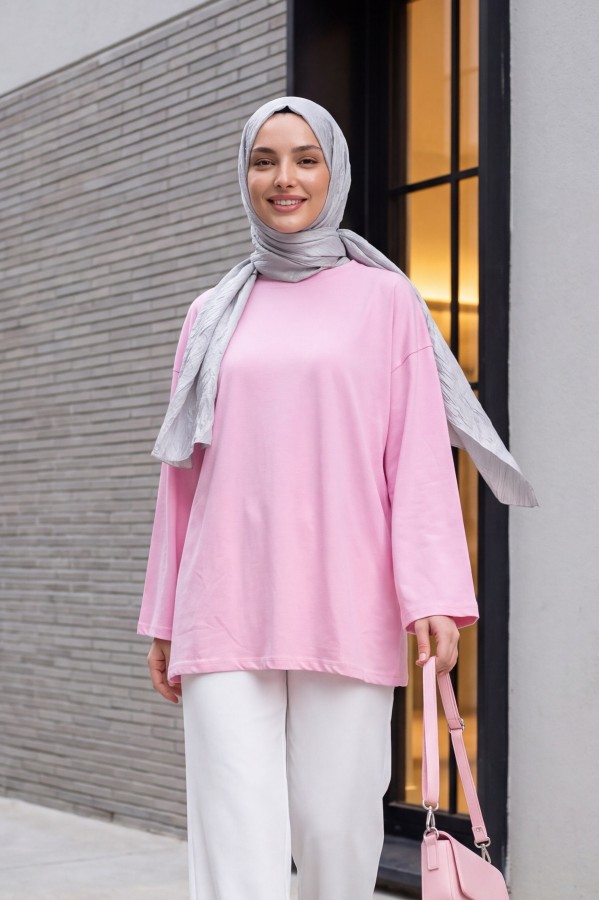 Yuvarlak Yaka Salaş Penye Tunik     -Pembe