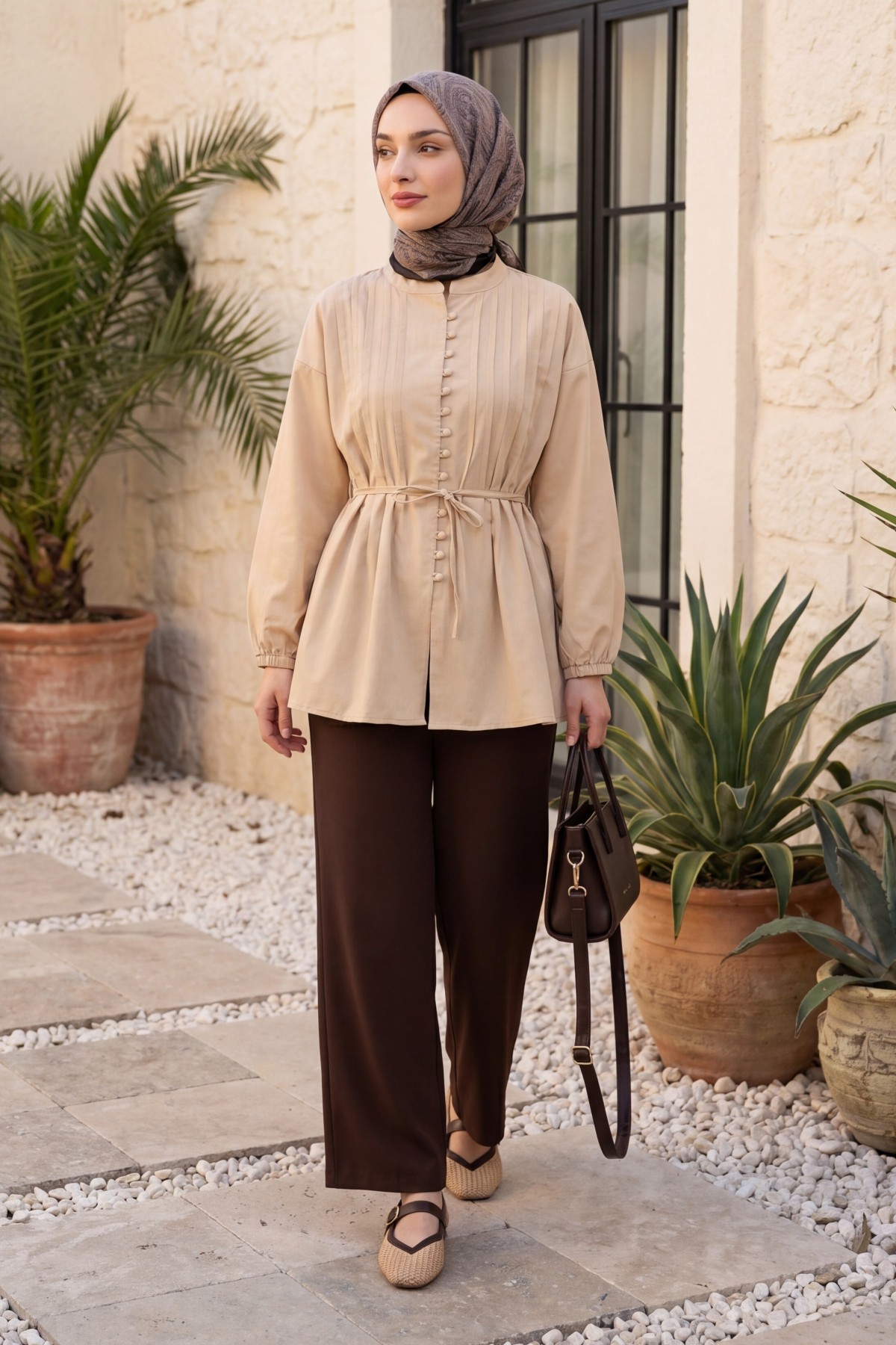 Poplin Shirt with Belted, Elasticated Cuffs, Button Front, and Fold Detail  - Beige