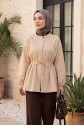 Poplin Shirt with Belted, Elasticated Cuffs, Button Front, and Fold Detail - Beige