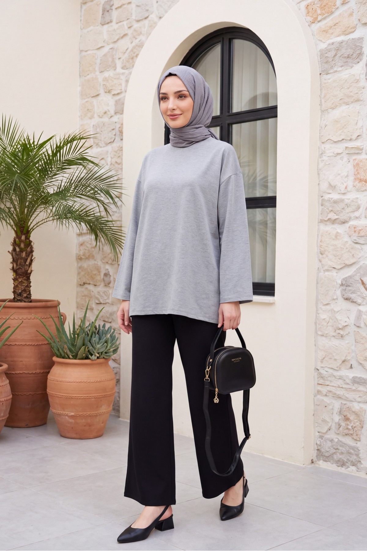 Yuvarlak Yaka Salaş Penye Tunik       -Gri