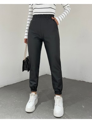 Yan Cepli Beli Ve Paçası Lastikli Deri Pantolon -Siyah