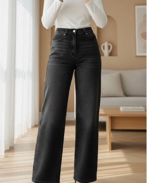 High Waist Lycra Wide Leg Jeans with Pockets -Black