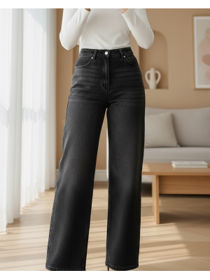 بنطال جينز واسع الساق من الليكرا بخصر عالٍ وجيوب -أسود