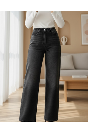 High Waist Lycra Wide Leg Jeans with Pockets -Black