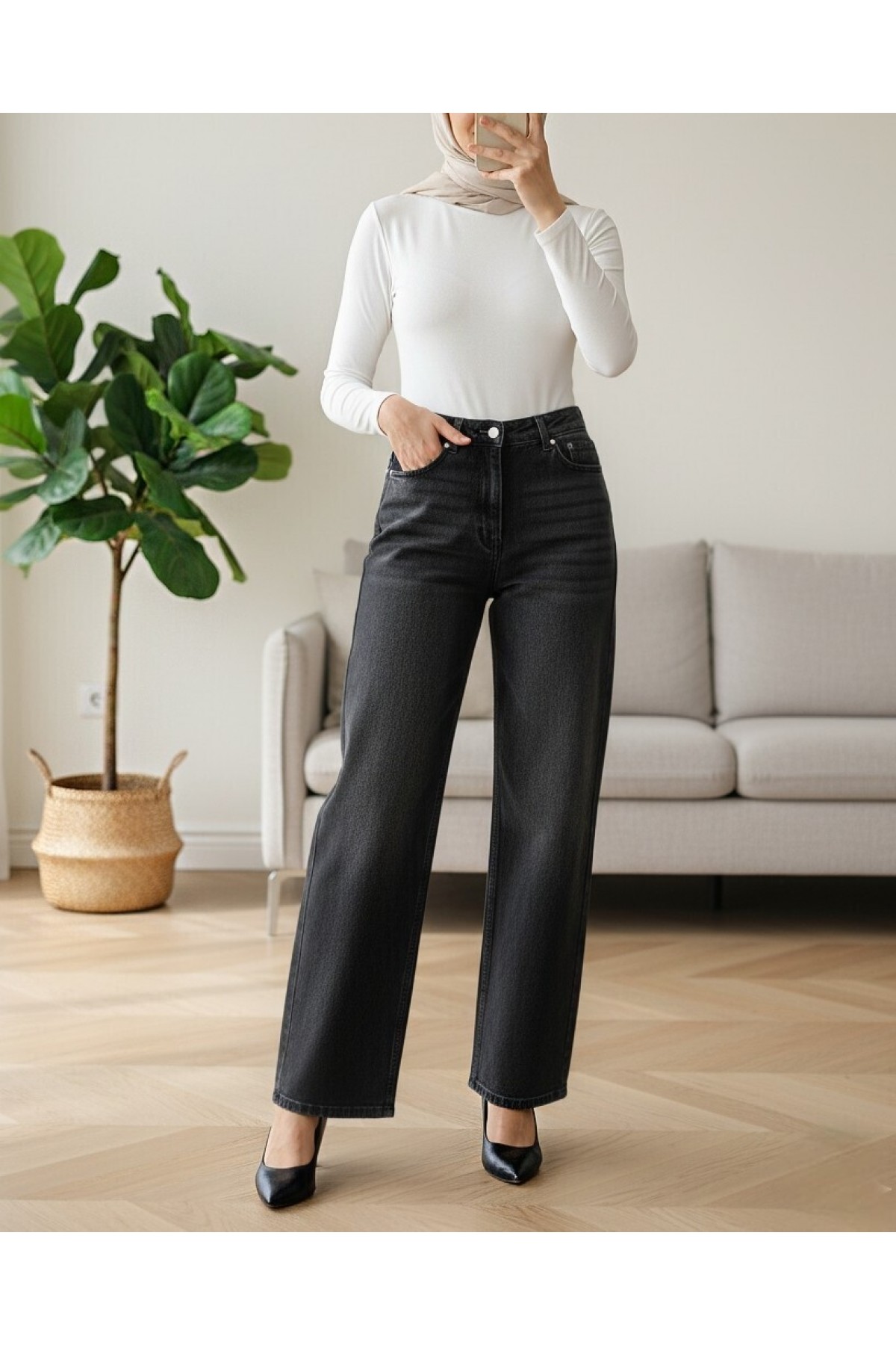 High Waist Lycra Wide Leg Jeans with Pockets -Black detay görseli