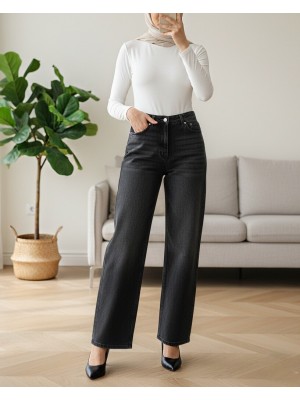 بنطال جينز واسع الساق من الليكرا بخصر عالٍ وجيوب -أسود