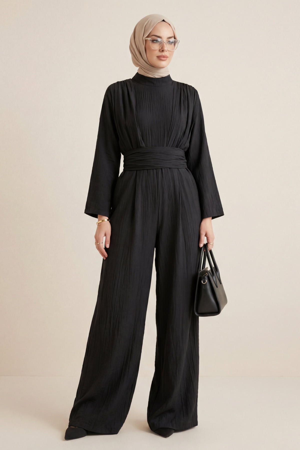High-neck, pleated, pocketed, belted strawberry jumpsuit -Black