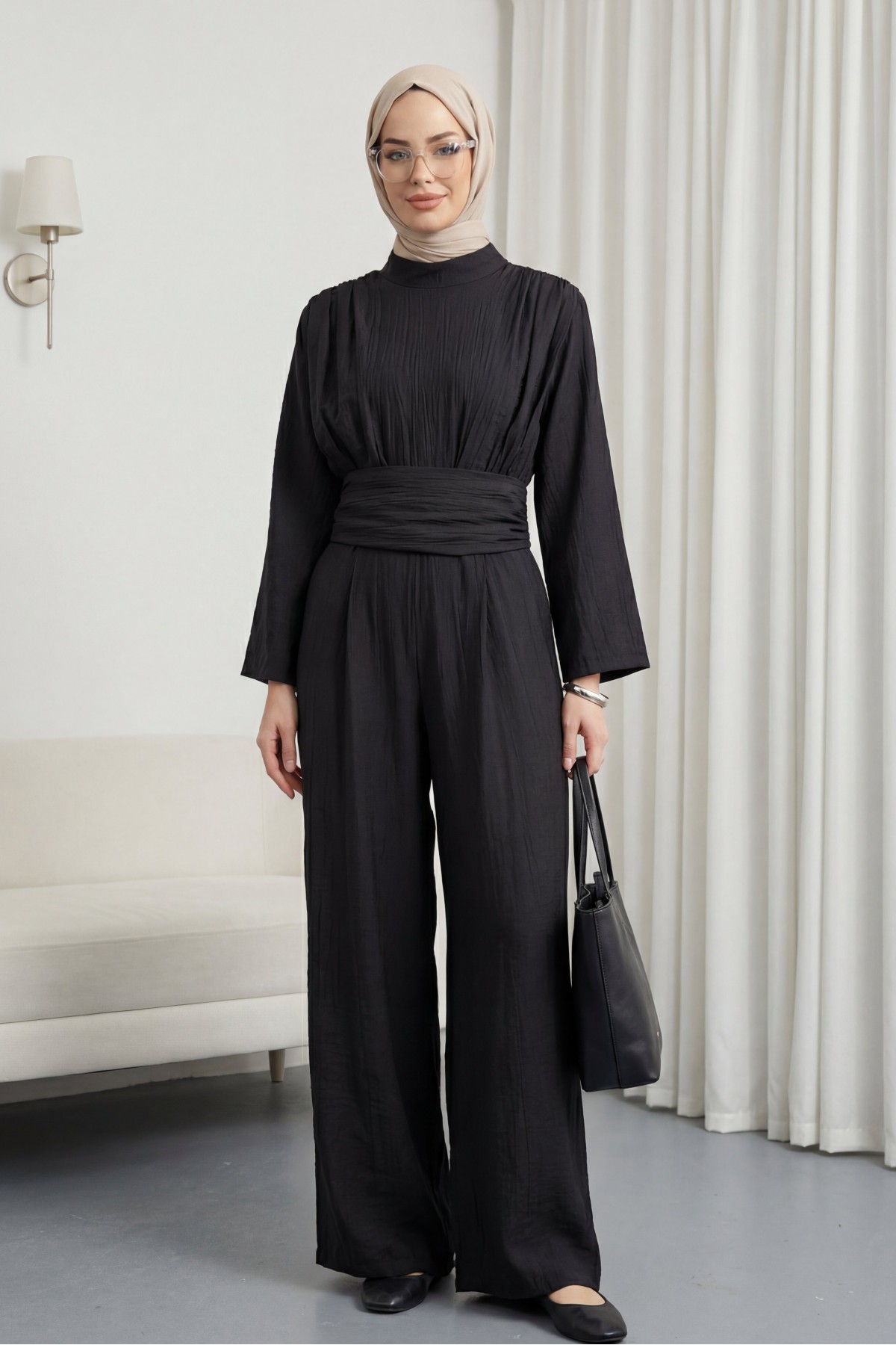 High-neck, pleated, pocketed, belted strawberry jumpsuit -Black